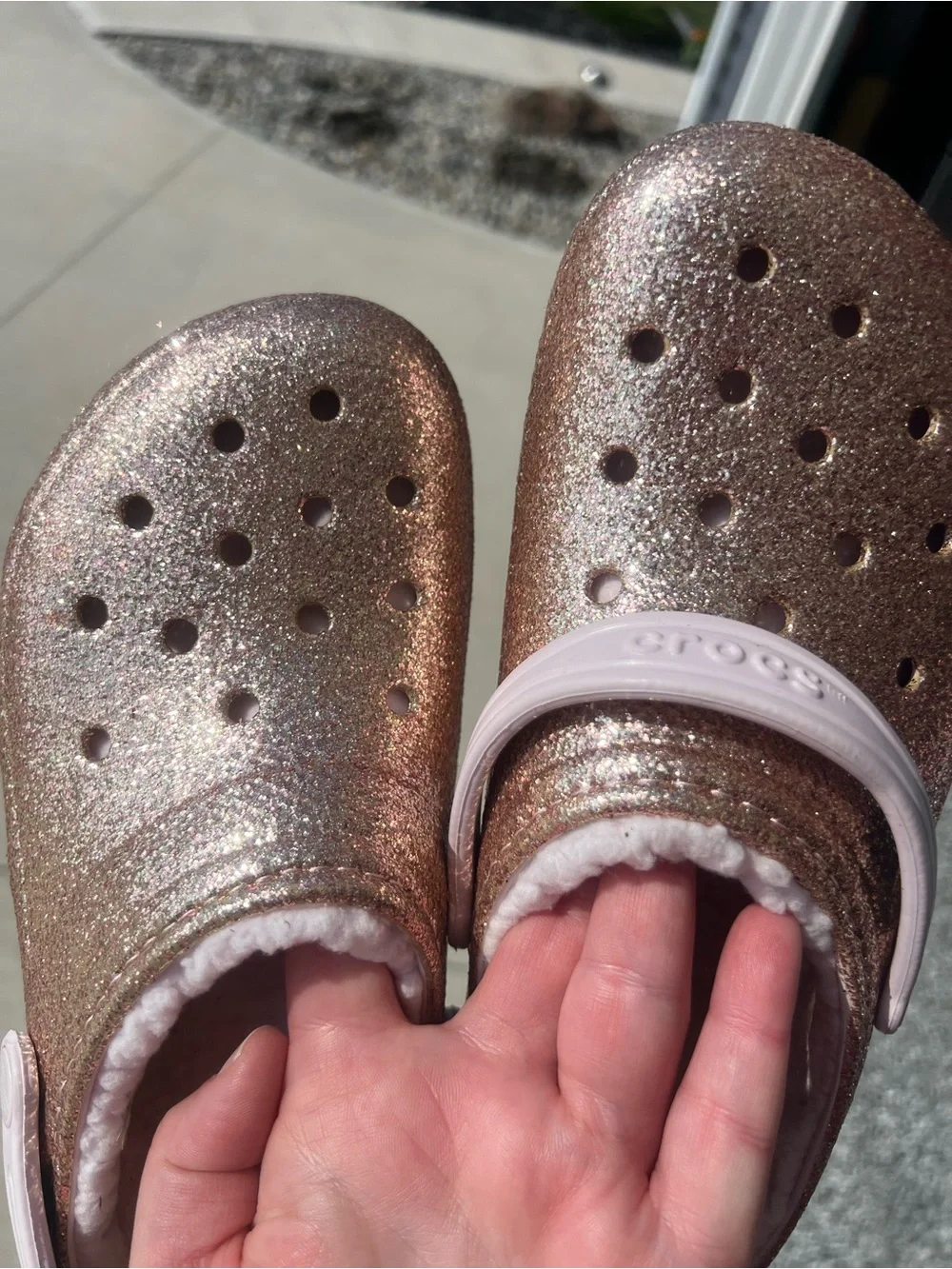 CROCS Kids Glitter Clog with Plush Lining - Rose Gold Junior 6-EUC